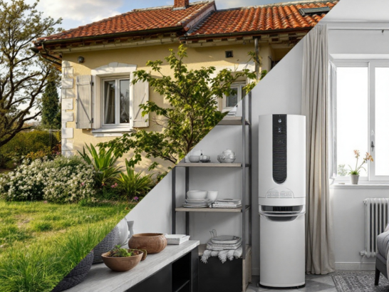 Dos escenas: una casa rural con ventanas cerradas durante la primavera, y un apartamento urbano con un purificador de aire funcionando.