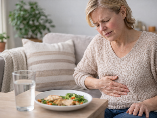 Mujer en casa con gesto de incomodidad leve tras comer