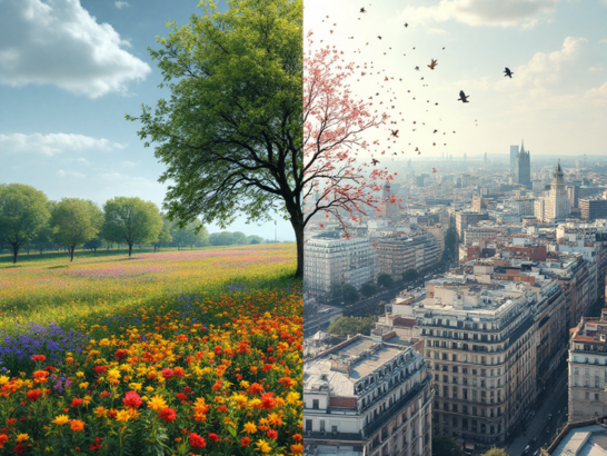 Comparación visual con dos columnas: un lado con flores, pastos y animales; otro lado con edificios, coches y partículas contaminantes