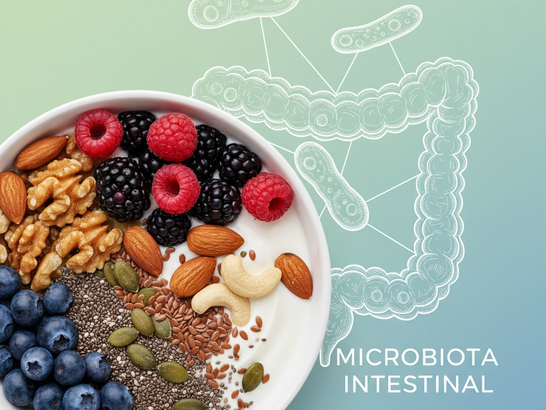 Plato con yogur natural, semillas, frutos secos y frutas del bosque, junto a un esquema de bacterias intestinales dibujado en el fondo Plato con yogur natural, semillas, frutos secos y frutas del bosque, junto a un esquema de bacterias intestinales dibujado en el fondo