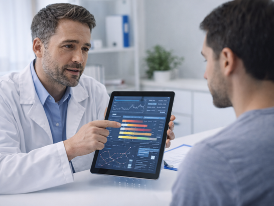 Alergólogo usando una tableta digital junto a un paciente