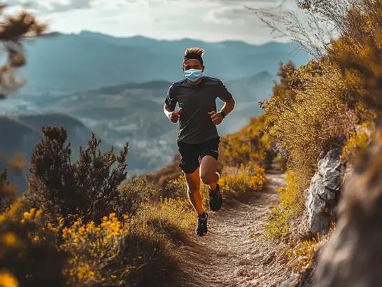 Una persona corriendo en un sendero de montaña con una mascarilla deportiva y paisajes despejados