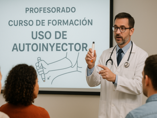 Profesorado en una sesión de formación con un alergólogo mostrando cómo usar un autoinyector. Fondo con proyector y diapositivas