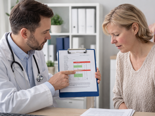 Consulta médica donde un especialista explica resultados a un paciente