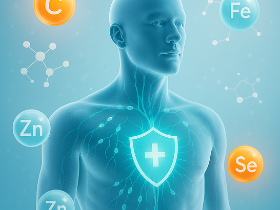 Cuerpo humano con sistema inmunitario resaltado y moléculas de vitaminas y minerales flotando alrededor Cuerpo humano con sistema inmunitario resaltado y moléculas de vitaminas y minerales flotando alrededor