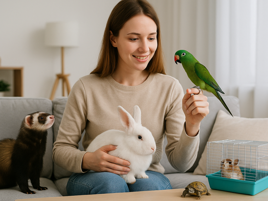 Mujer rodeada animales exóticos pequeños (hurón, conejo, loro, hámster, tortuga)