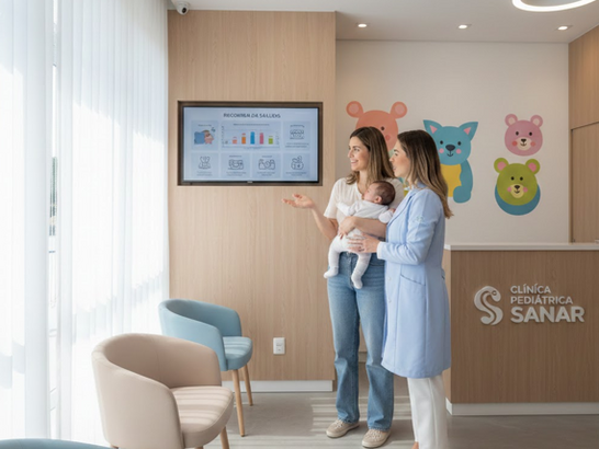 Consulta pediátrica: pediatra con bata indicando una tabla de recomendaciones al padre/madre que sostiene al bebé