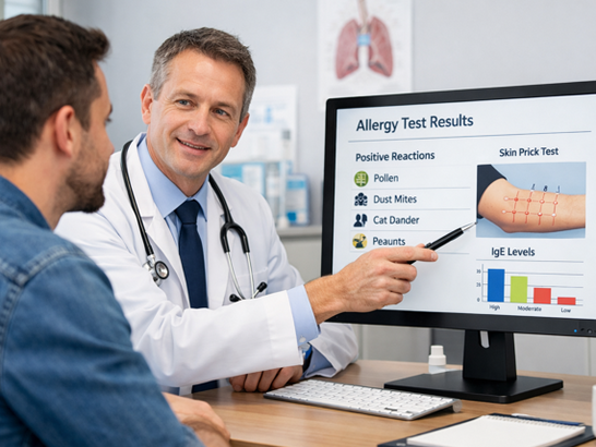 Alergólogo mostrando resultados en pantalla a un paciente Alergólogo mostrando resultados en pantalla a un paciente