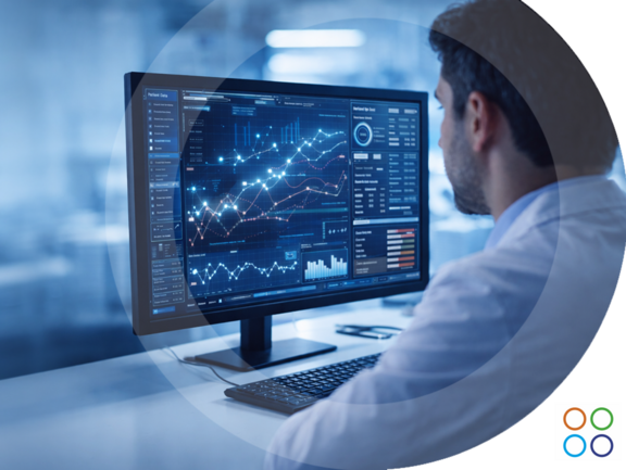 Entorno médico digital: pantalla con datos de salud y gráficos, médico con bata blanca usando IA o interfaz futurista