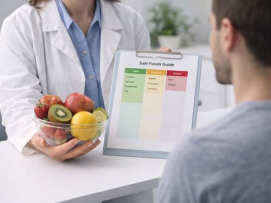 Nutricionista mostrando frutas frescas y una tabla de alimentos seguros a un paciente