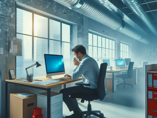 Espacio de oficina con polvo visible en ventilaciones, y una persona estornudando frente a la computadora