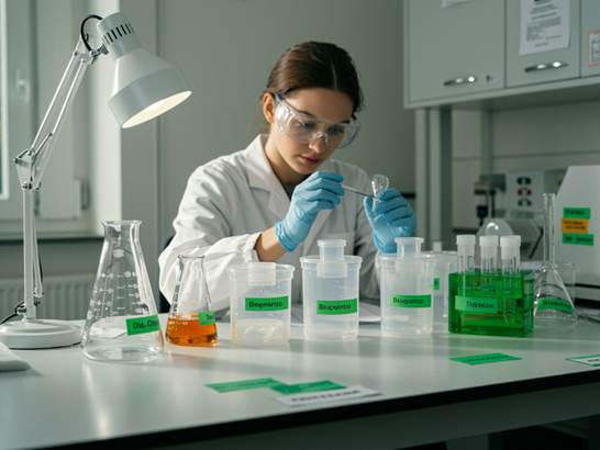 Envases de bioplástico sobre una mesa de laboratorio con etiquetas verdes