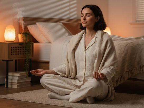 Persona practicando meditación o respiración profunda antes de dormir