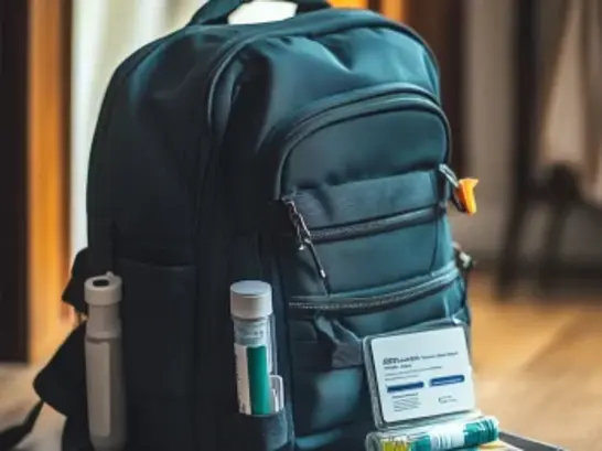 Un kit médico compacto sobre una mochila deportiva, con medicamentos y una tarjeta de alergias visibles