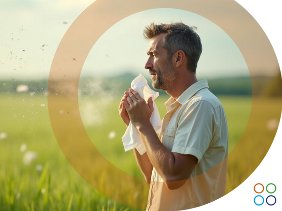 Hombre con síntomas de alergia: ojos llorosos, pañuelo en mano, de pie en medio de un campo verde con hierba alta.