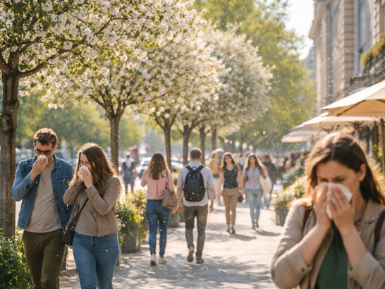 Calle urbana con árboles ornamentales alineados liberando polen, personas caminando y partículas visibles en el aire