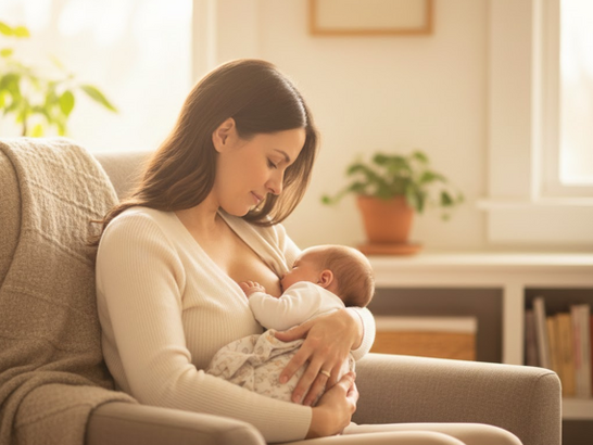 Madre dando el pecho a su bebé en ambiente luminoso y tranquilo