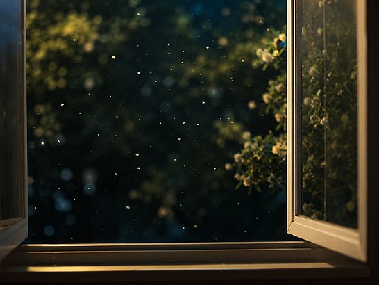 Ventana abierta durante una noche de primavera con vegetación exterior desenfocada y partículas de polen flotando suavemente en el aire Ventana abierta durante una noche de primavera con vegetación exterior desenfocada y partículas de polen flotando suavemente en el aire