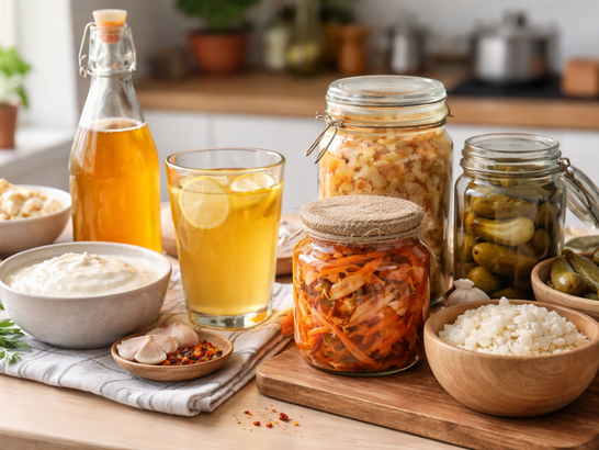 Varios alimentos fermentados (kéfir, kombucha, kimchi, chucrut) sobre una mesa de cocina limpia