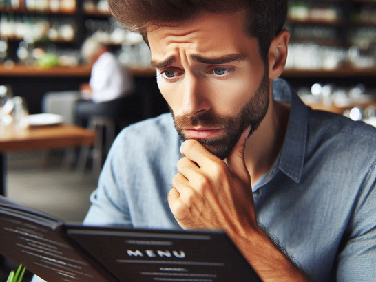 Un cliente en un restaurante mirando la carta con preocupación en su rostro