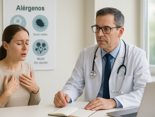 Consulta con alergólogo, paciente explicando síntomas, y fondo con gráficos de alérgenos comunes