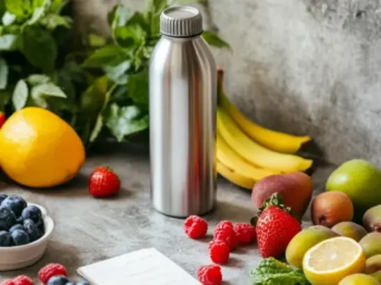 Una mesa con una botella de agua, frutas frescas y una lista de alimentos seguros para personas con alergias