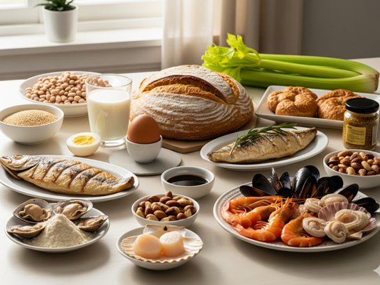 Mesa de cocina con varios alimentos representativos de los 14 alérgenos (pan, leche, huevo, pescado, frutos secos, marisco, soja, mostaza, apio, sésamo, altramuces, moluscos)