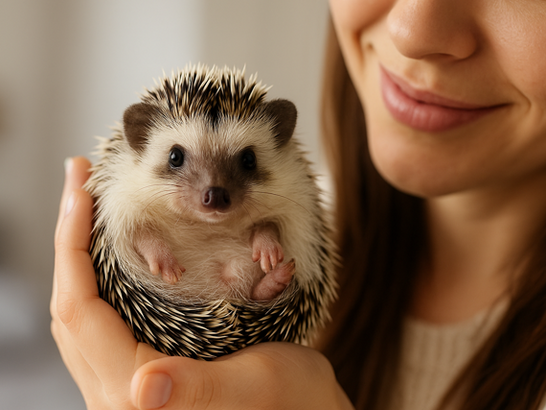 Mujer acariciando suavemente a su mascota exótica (hurón) con gesto tranquilo