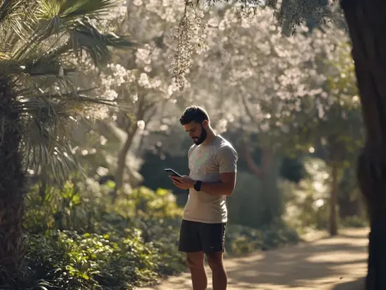 Un deportista revisando su móvil con un mapa de predicción de pólenes, listo para entrenar en un parque español.
