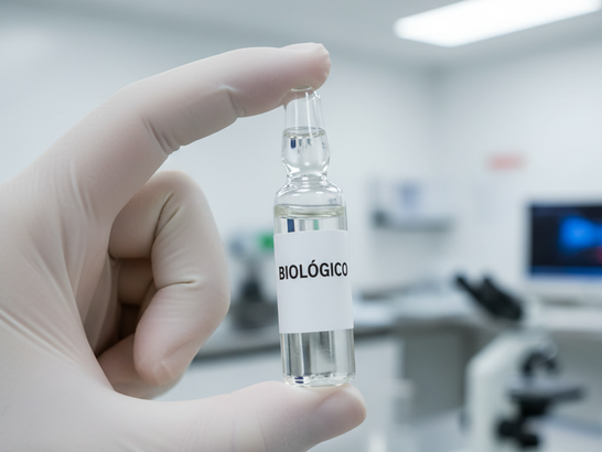 Mano médica sosteniendo una ampolla etiquetada “biológico”