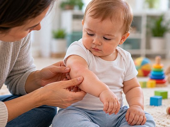 Adulto observando cuidadosamente el brazo de un bebé tranquilo, con juguetes desenfocados al fondo