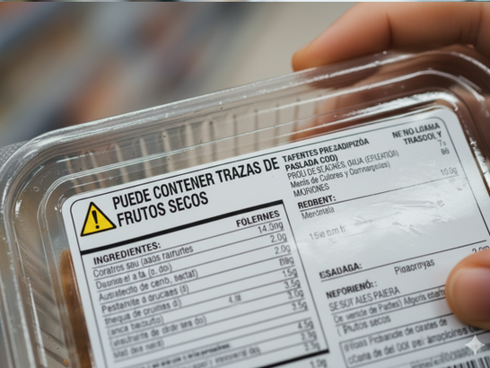 Etiqueta ampliada mostrando la frase ‘puede contener trazas de frutos secos’, con un símbolo de advertencia al lado. Estilo informativo