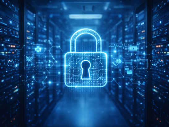 Servidor médico o centro de datos con luces azules, candado digital holográfico sobrepuesto, concepto de ciberseguridad médica