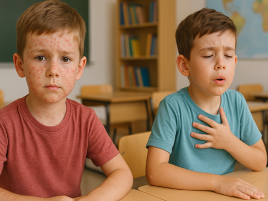 Niño con erupción en la piel y otro con dificultad respiratoria, ambos en un entorno escolar. Estilo didáctico y realista