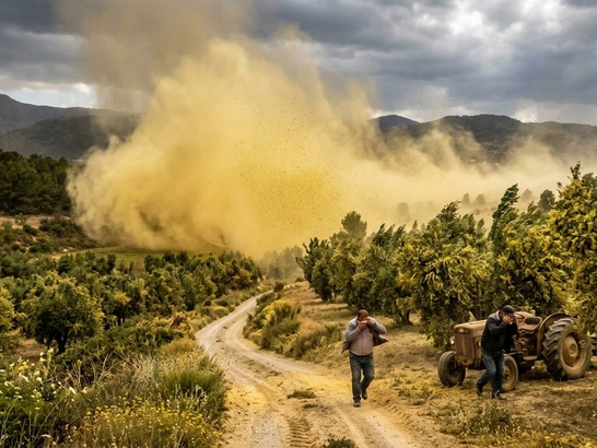 Dos personas en el campo en plena tormenta de polen