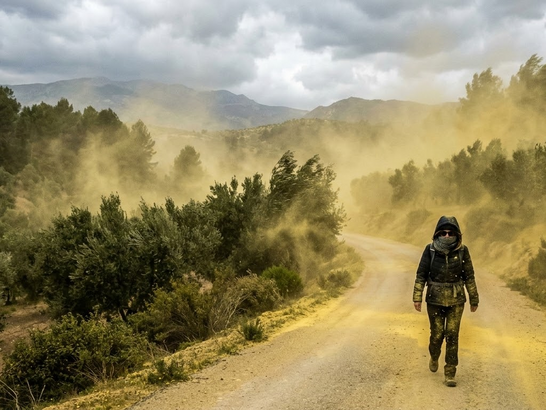 Persona andando por el campo en medio de una tormenta e polen