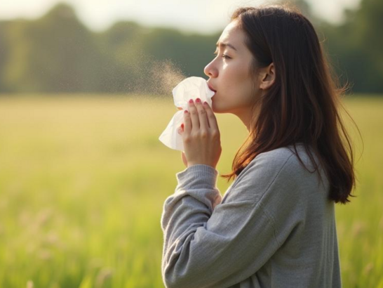 Mujer con expresión de malestar, ojos irritados y enrojecidos, usando pañuelo, rodeada de naturaleza florida