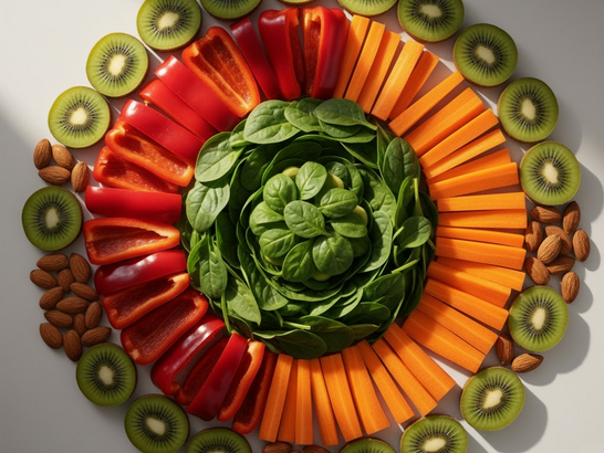 Frutas y verduras coloridas (kiwi, pimiento rojo, zanahoria, espinacas, almendras) dispuestas en forma de círculo representando equilibrio inmunitario Frutas y verduras coloridas (kiwi, pimiento rojo, zanahoria, espinacas, almendras) dispuestas en forma de círculo representando equilibrio inmunitario