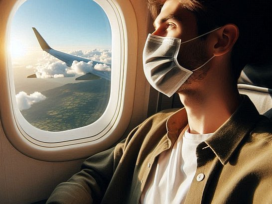 Un pasajero con una mascarilla cómoda en un avión, disfrutando de la vista desde la ventanilla.