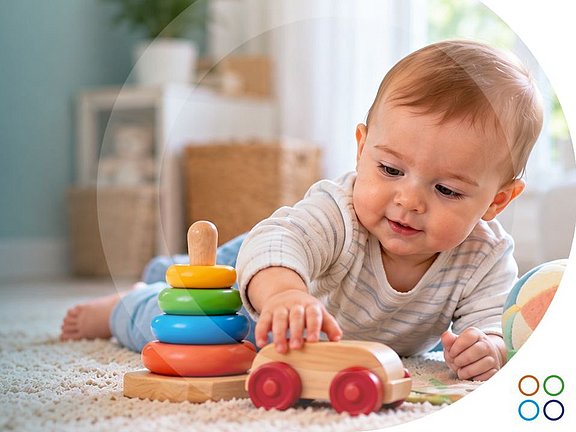 Bebé jugando tranquilamente con juguetes de madera, tela y plástico sobre una alfombra clara