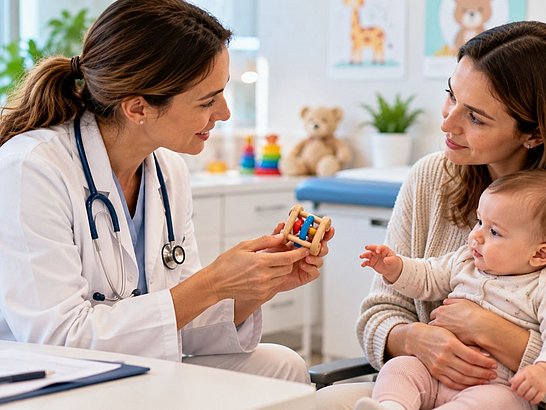 Pediatra conversando con una madre que sostiene a su bebé y le muestra un pequeño juguete