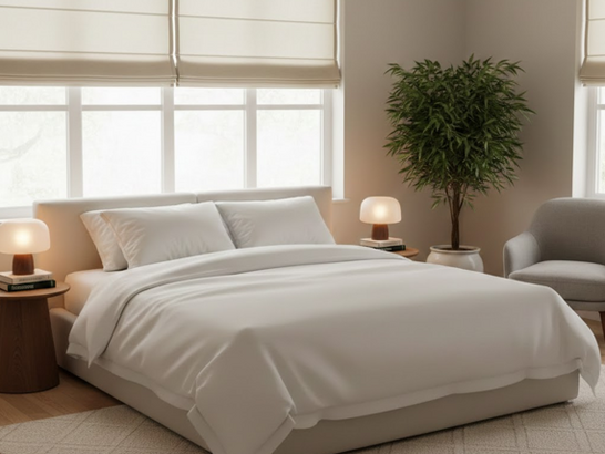 Habitación limpia y ordenada con cama blanca, persianas semibajadas, planta verde y luz tenue