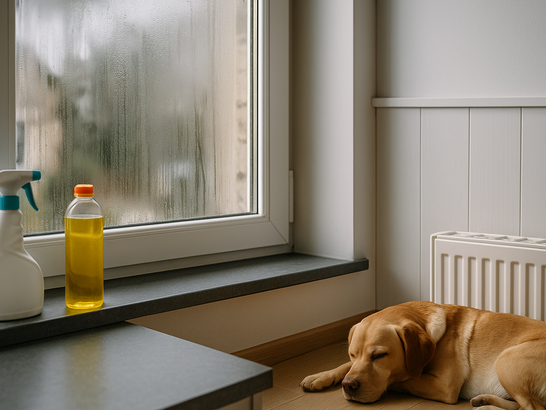 Ventana cerrada con condensación, productos de limpieza sobre una encimera y una mascota tumbada cerca de un radiador