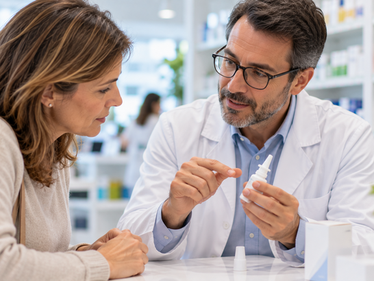Un farmacéutico explicando a una paciente adulta cómo utilizar correctamente un dispositivo nasal para la alergia
