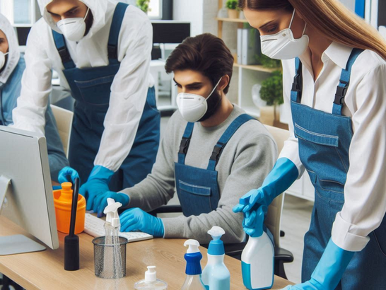Equipo de limpieza desinfectando una oficina con productos hipoalergénicos y usando mascarillas protectoras