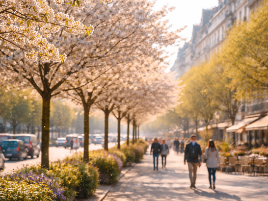 Árboles en floración temprana en un entorno urbano, con luz primaveral intensa y partículas de polen visibles en el aire, sensación de estación adelantada