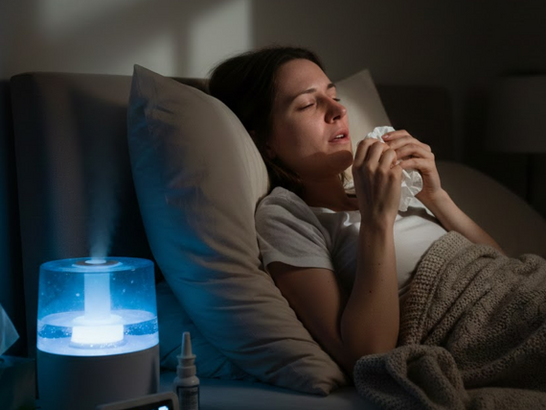 Mujer adulta acostada en la cama durante la noche, con expresión de malestar por resfriado o alergia Mujer adulta acostada en la cama durante la noche, con expresión de malestar por resfriado o alergia