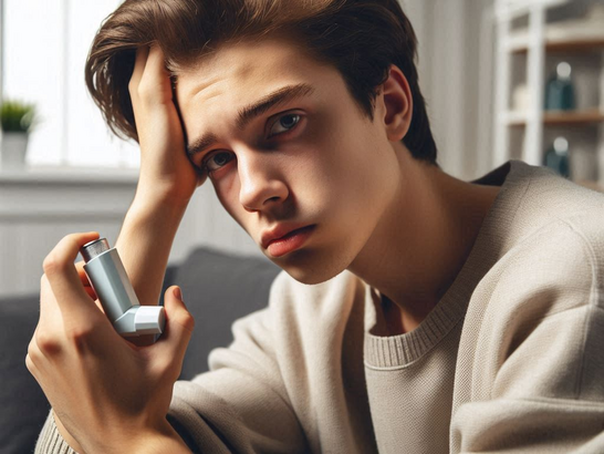 Persona joven en casa, con mirada cansada, sosteniendo un inhalador en una mano y la cabeza con la otra, reflejando estrés y agotamiento emocional.