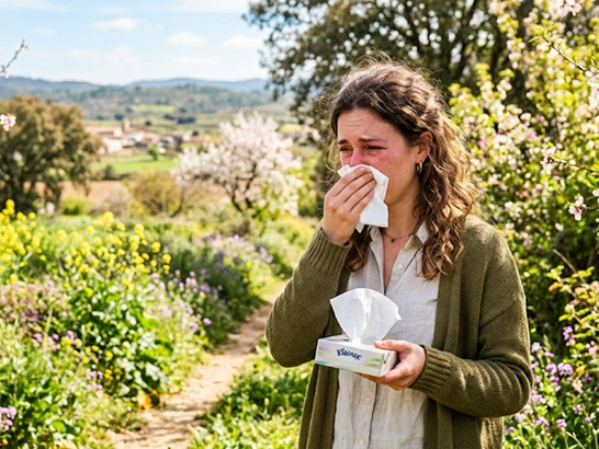 Mujer al aire libre en primavera con congestión nasal y ojos irritados, rodeada de vegetación en flor