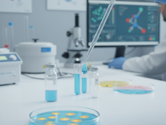 Mano de un científico con guantes azules utilizando una pipeta para dispensar una muestra líquida de un tubo de ensayo